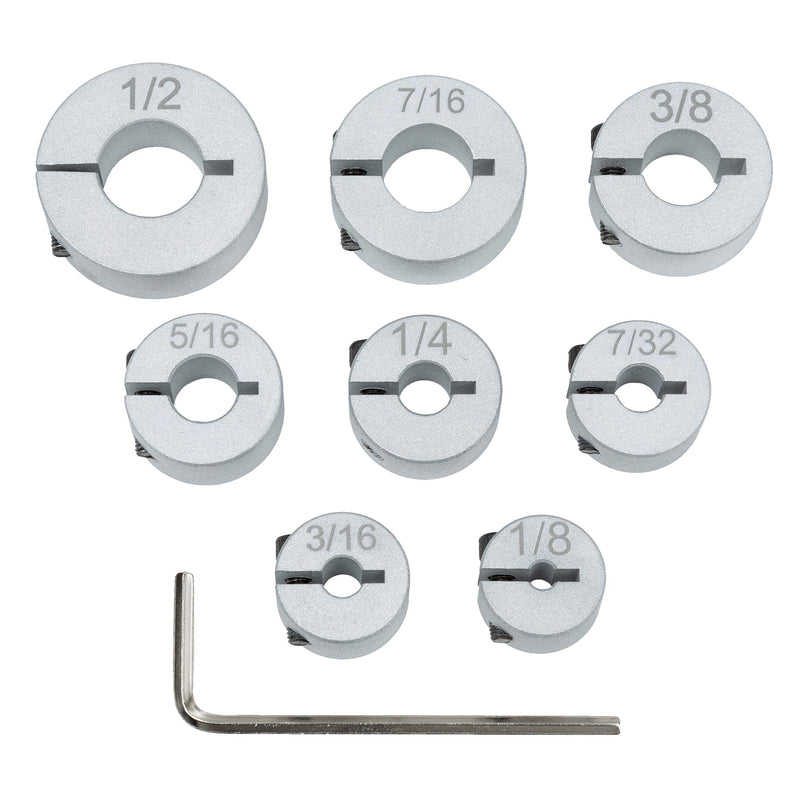 [Australia - AusPower] - Aluminum Stop Collar Set - Drill Bit Depth Stop - Superior Split Ring Design - 8 Piece Set (1/2", 7/16”, 3/8”, 5/16”, ¼”, 7/32”, 3/16”, 1/8”) - Drill Bit Holder 