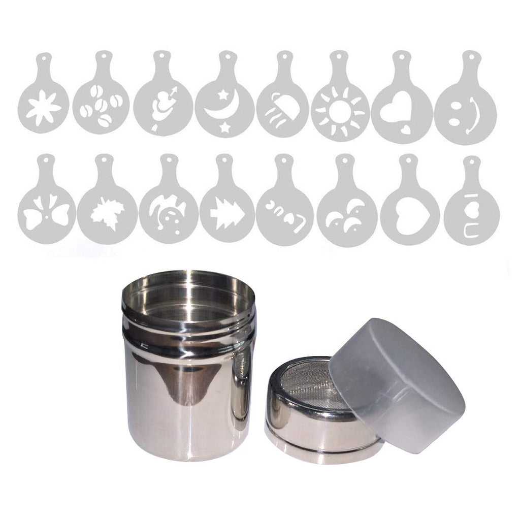 [Australia - AusPower] - Aoyoho Stainless Steel Powder Shaker Icing Sugar Powder Cocoa Flour Coffee Sifter Cooking Tools Lid Chocolate Shaker Cocoa with 16 Pieces Coffee Art Stencils 1 