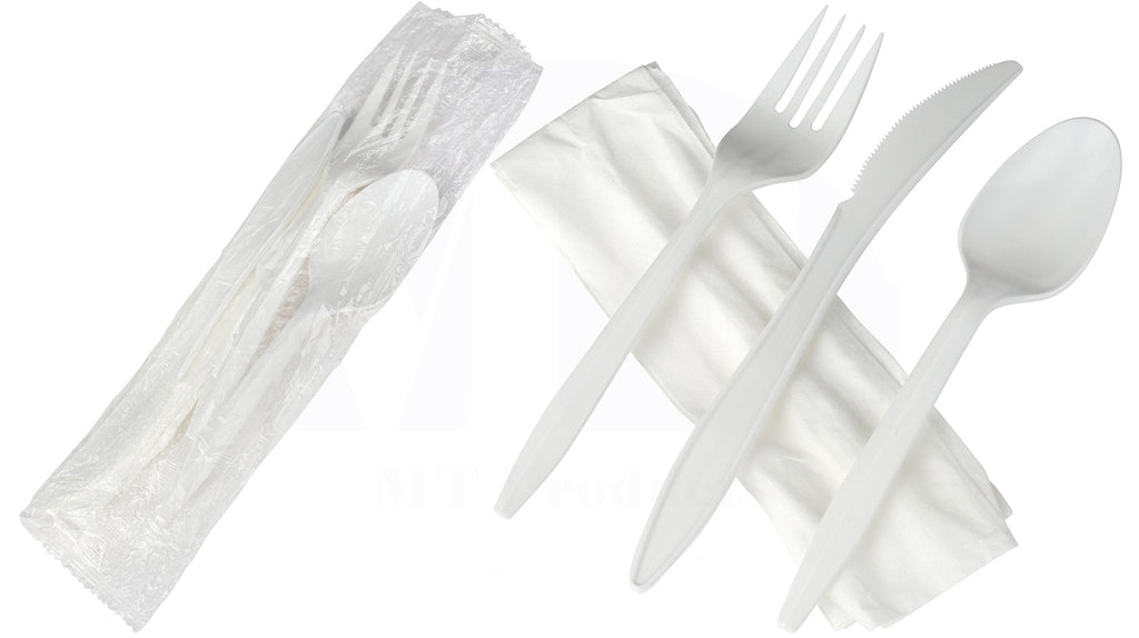 [Australia - AusPower] - Medium Weight White Plastic Cutlery Set with Napkin Individually Wrapped by MT Products - (50 Pieces) 