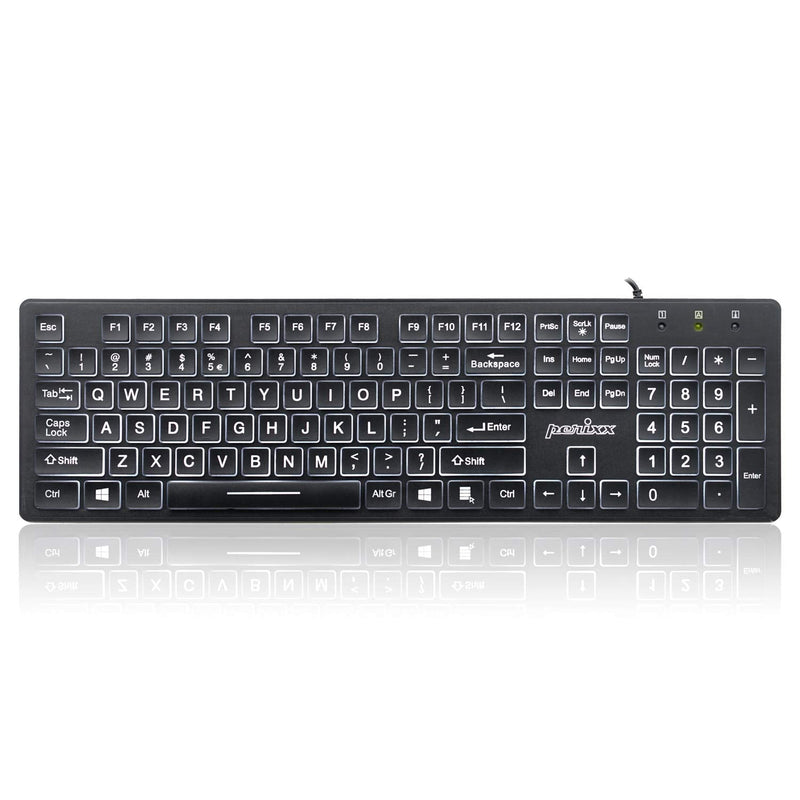[Australia - AusPower] - Perixx PERIBOARD-317 Wired Backlit USB Keyboard, Big Print Letter with White Illuminated LED, US English Layout Black 
