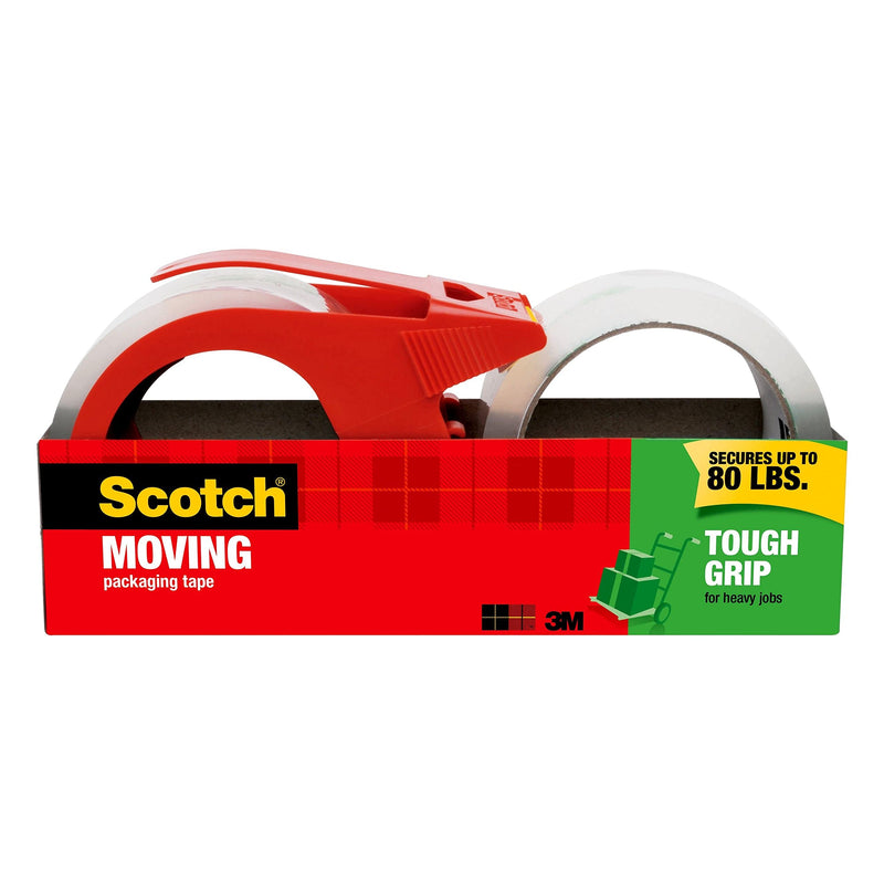 [Australia - AusPower] - Scotch Tough Grip Moving Packaging Tape, 1.88" x 54.6 yd, Strong Hold on All Box Types Including Recycled, Secures Boxes up to 80 lbs, 3" Core, Clear, 2 Rolls with 1 Dispenser (3500-2-1RD) 