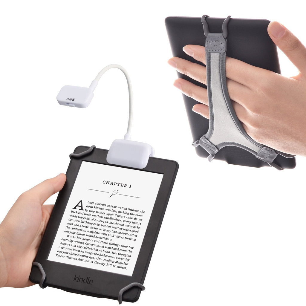 [Australia - AusPower] - TFY Clip-on LED Reading Light with 2 Levels of Lumen Intensity for Kindle, Other e-Readers, Tablets, Books Plus Bonus Hand Strap Holder for 6 inch Kindle e-Readers - White 