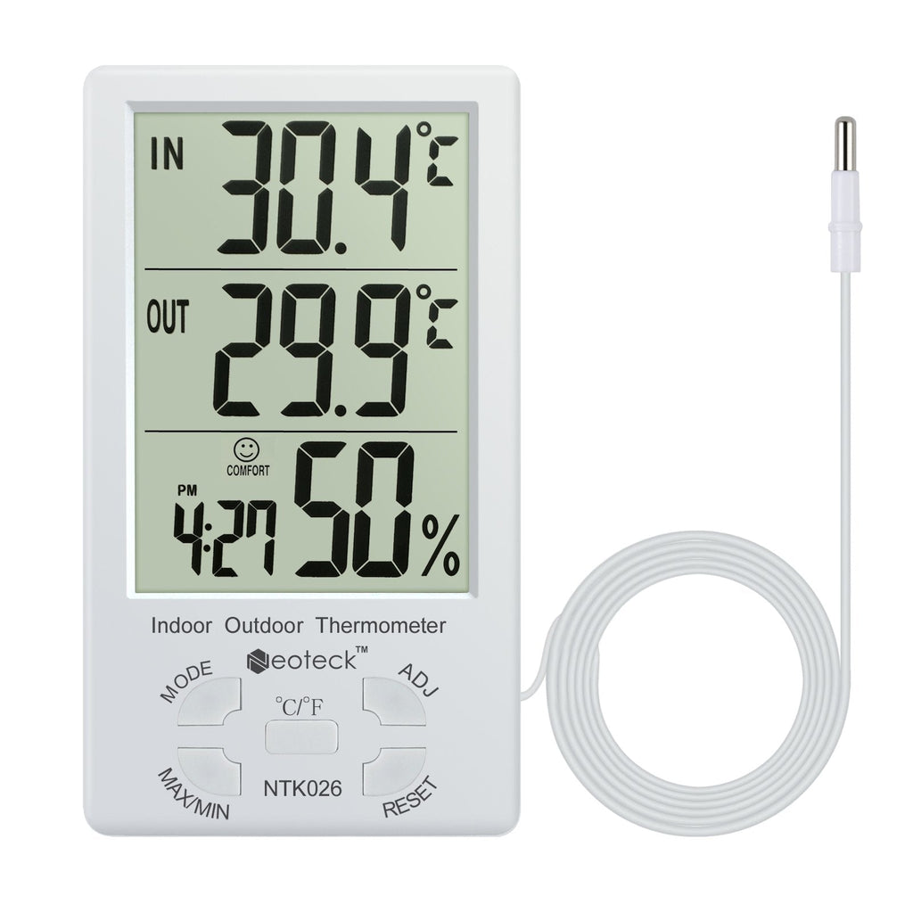 [Australia - AusPower] - Neoteck 3 in 1 Thermometer Hygrometer with Clock Large LCD Display, Digital Humidity Temperature Meter 1.5m Sensor Wire for Indoor Outdoor Use 4.9ft 