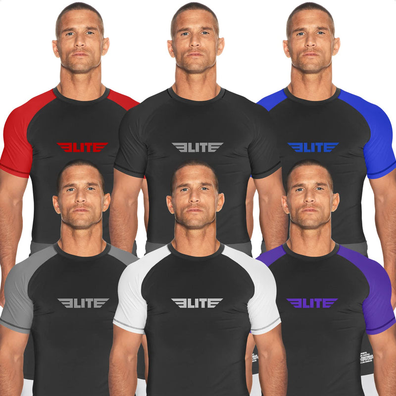 [Australia - AusPower] - 2022 Elite Sports Jiu Jitsu BJJ Rash Guards, Men’s BJJ, No GI, MMA Ranked Short Sleeve Compression Base Layer Rash Guard Black Small 