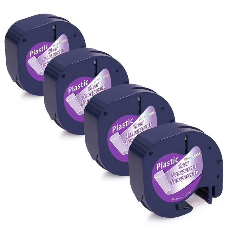 [Australia - AusPower] - Wonfoucs Compatible Clear Label Tape Replacement for DYMO Letratag Refills Clear Transparent Plastic Tape, Work with Dymo Letratag Label Maker LT-100T LT-100H QX50, 12mm x 4m-1/2 x 13, 4 Pack Black on Clear 