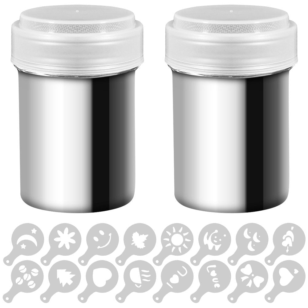 [Australia - AusPower] - 2 Stainless Steel Powder Shakers, SENHAI Mesh Shaker Powder Cans for Coffee Cocoa Cinnamon Powder with Lid, with 16 pcs Printing Molds Stencils 