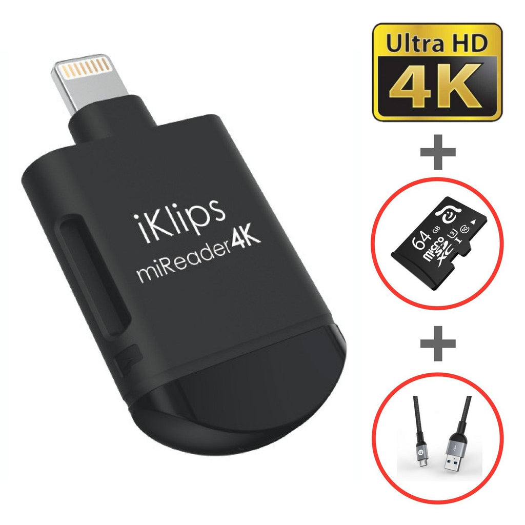 [Australia - AusPower] - ADAM elements iKlips miReader MicroSD 4K Card Reader Compatible for iPhone iPad External Memory Storage Charger, Store View Edit Record 4K Video from GoPro, Drones, Camera (with 64GB microSD Card) 