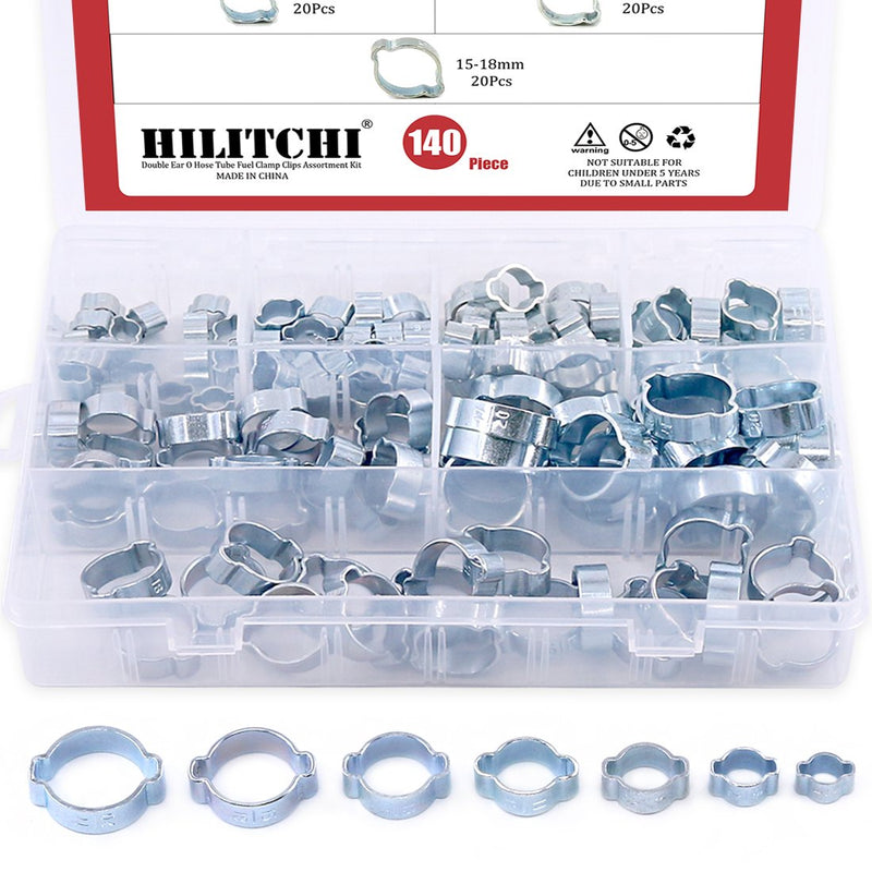 [Australia - AusPower] - Hilitchi 7 Sizes 140Pcs Zinc Plated Double Ear Hose Clamps O Clips Pipe Hose Tube Fuel Clamps Fasteners Clips Assortment Kit 