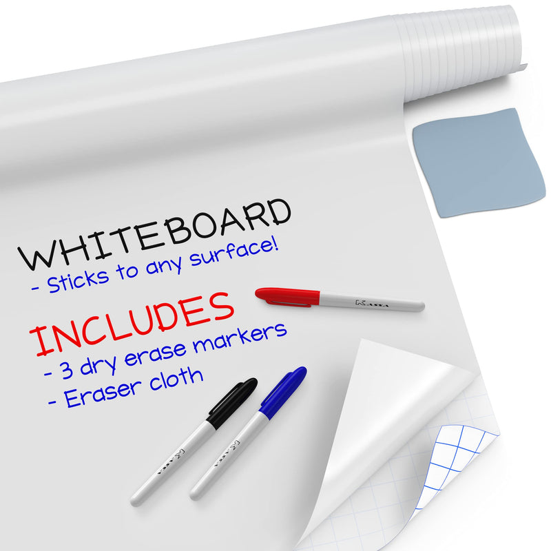 [Australia - AusPower] - Kassa Large Whiteboard Wall Sticker Roll - 17.3" x 96” (8 Feet) - 3 Dry Erase Board Markers Included - Adhesive White Board Wallpaper for Fridge, Office & Kids Room - Peel and Stick Paper Decal 