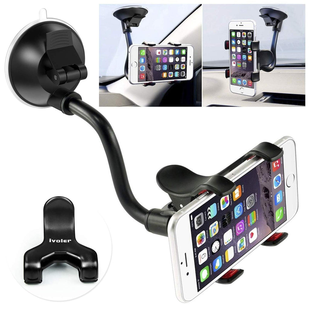 [Australia - AusPower] - Car Phone Mount Windshield, Long Arm Clamp iVoler Universal Windshield with Double Clip Strong Suction Cup Cell Phone Holder Compatible iPhone 12 11 Pro XS Max X 7 8 6 Plus Galaxy S9 S8 S7 Note 9 10 Black+Red 