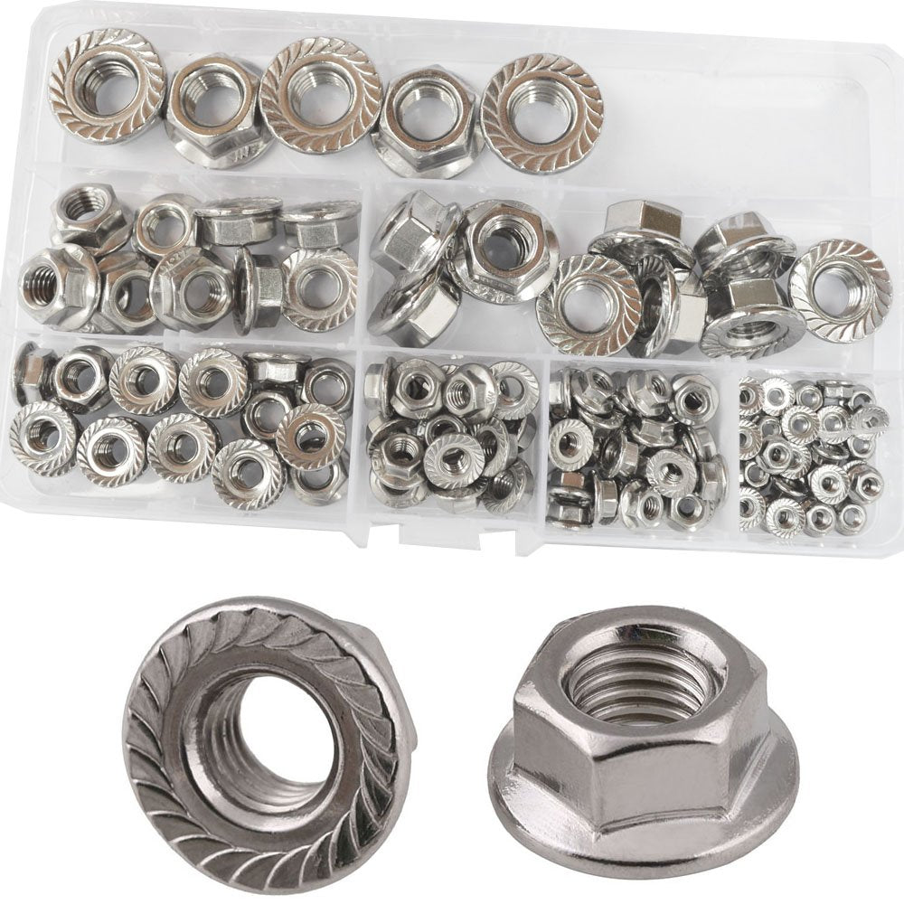 [Australia - AusPower] - Flange Nuts Hex Lock Self-Locking Metric Thread Nut 304 Stainless Steel Assortment Kit 125Pcs,M3 M4 M5 M6 M8 M10 M12 