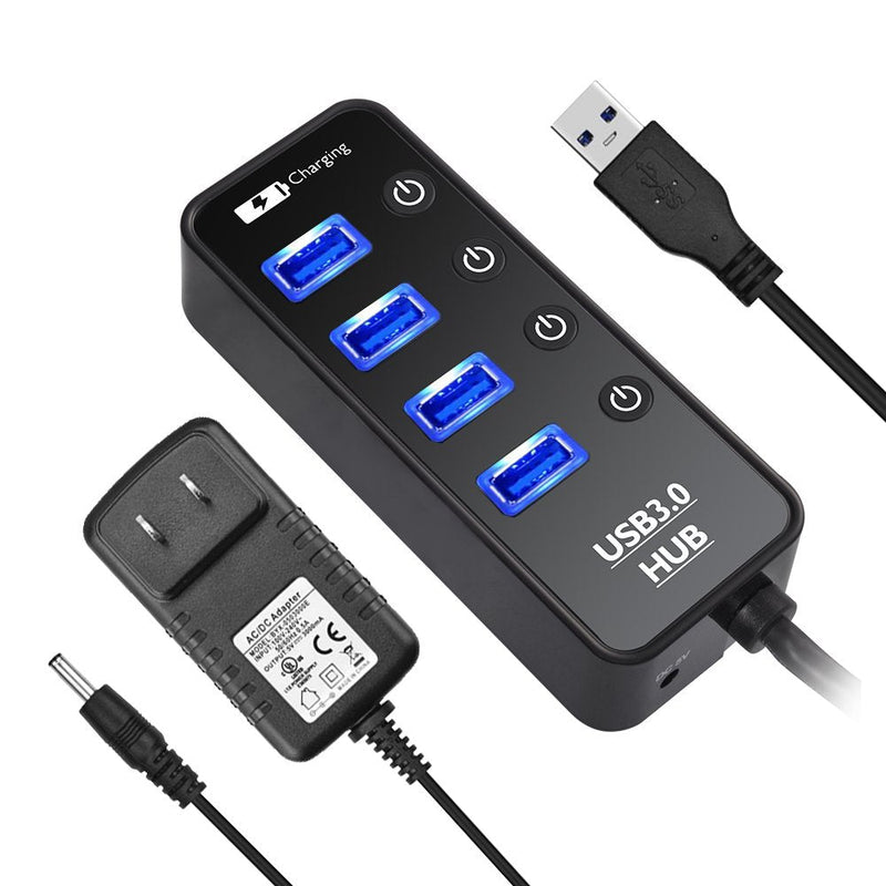 [Australia - AusPower] - USB Hub 3.0 Powered, LYFNLOVE USB Extender 4-Port Data USB Hub with Power Adapter and 1 Smart Charging Port, USB Splitter with On/Off Switches for MacBook, Mac Pro/Mini, iMac, Surface Pro Laptop/PC 