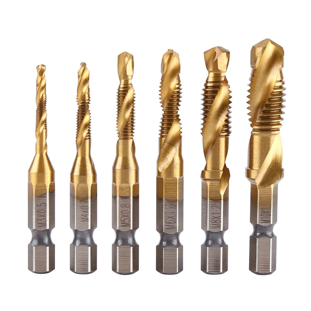 [Australia - AusPower] - 6Pcs Combination Drill and Tap Set,Metric Thread M3-M10 Screw Tapping Tool 1/4" Hex Shank Titanium Plated HSS 