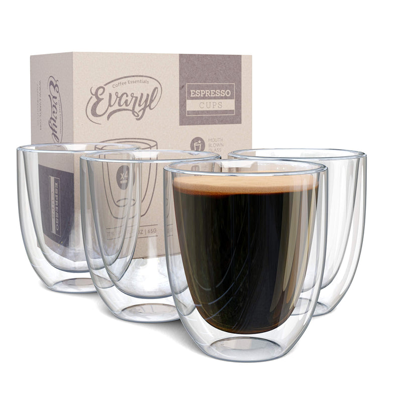 [Australia - AusPower] - Double Wall Espresso Cup Set of 4 - Insulated Expresso Coffee Cups Sets - Stackable Espresso Shot Glasses - 2.6oz Demitasse Espresso Cups Glass Set for Lungo, Doppio & Turkish - Espresso Gift Set Mugs 