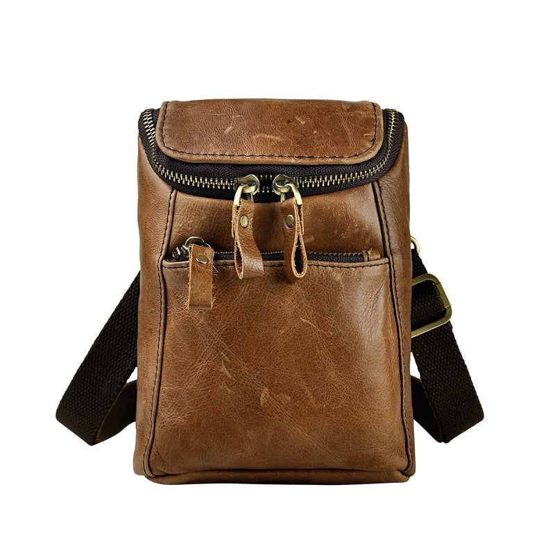 [Australia - AusPower] - Le'aokuu Mens Genuine Leather Mini Messenger Shoulder Bag Pouch Hook Waist Bag Pack (light brown) Light Brown 