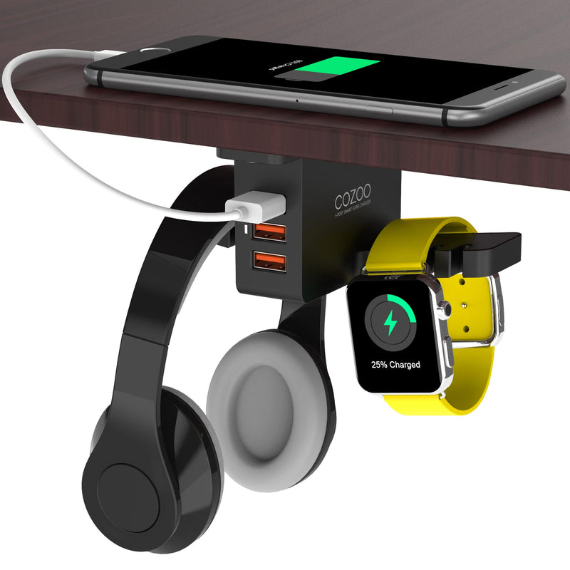 [Australia - AusPower] - Headphone Stand with USB Charger COZOO Under Desk Headset Holder Mount with 3 Port USB Charging Station and iWatch Stand Smart Watch Charging Dock Dual Earphone Hanger Hook,UL Tested Black 