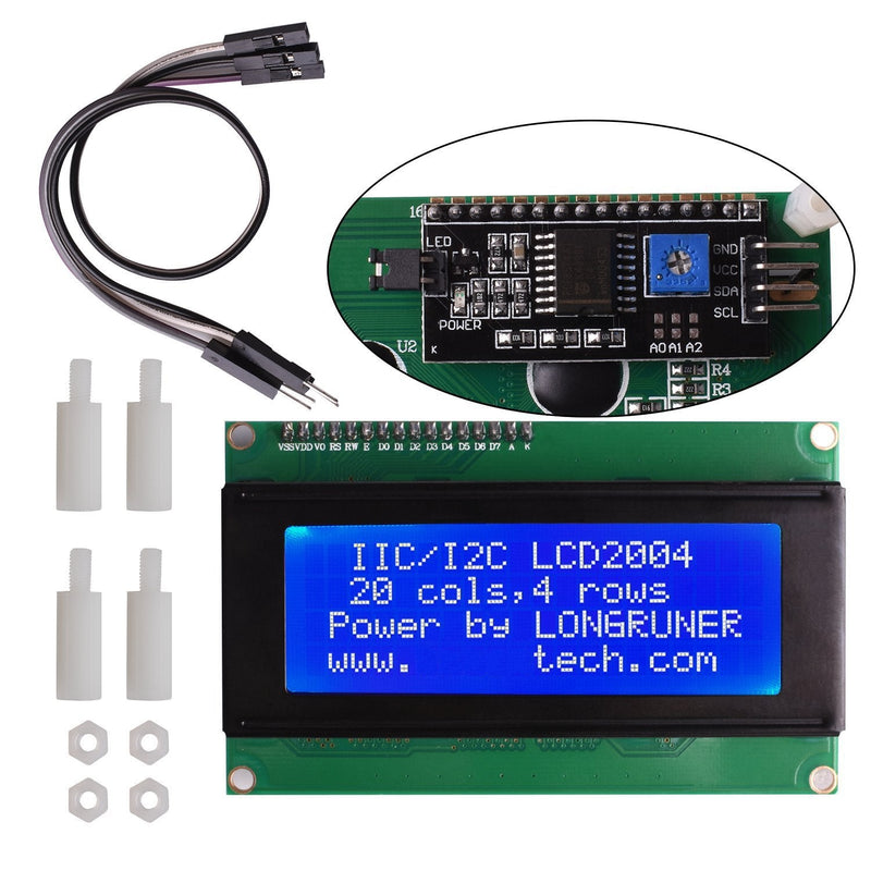 [Australia - AusPower] - for ArduinoIDE, Longruner 20x4 LCD Display Module IIC/I2C/TWI Serial 2004 with Screen Panel Expansion Board White on Blue, 4 pin Jump Cables Wire Included 