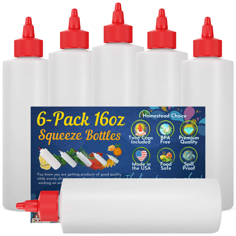 [Australia - AusPower] - 6-pack Plastic Squeeze Condiment Bottles 16-Ounce with Red Twist-Cap Set of 6 16-oz (Perfect for Syrup, Sauce, Ketchup, BBQ, Condiments, Dressing, Arts and Craft, Workshop, Storage, and More) 16oz 