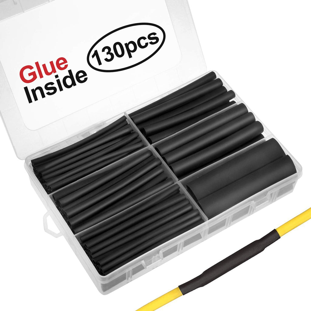 [Australia - AusPower] - 130pcs 3:1 Dual Wall Adhesive Heat Shrink Tubing Kit, 6 Sizes (Diameter): 1/2, 3/8, 1/4, 3/16, 1/8, 3/32 inch, Premium Wire Cable Sleeve Tube Assortment with Storage Case for DIY by MILAPEAK (Black) 