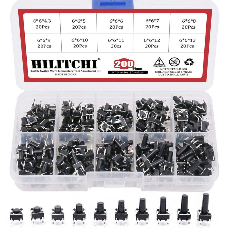 [Australia - AusPower] - Hilitchi 200-Pcs 6 x 6mm Tactile Push Button Switch Micro Momentary Tact Assortment Kit - 10 Value / 4 Pins 