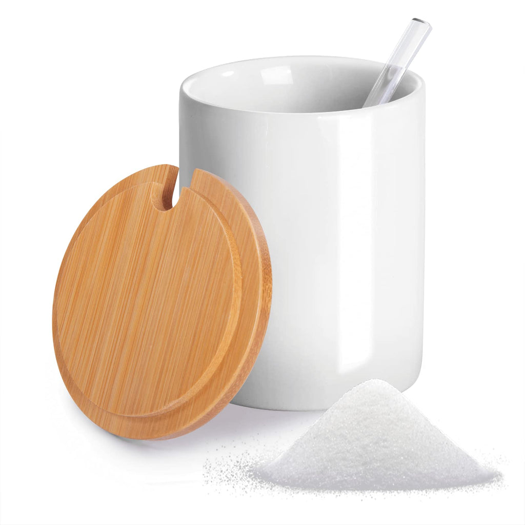 [Australia - AusPower] - Sugar Bowl, 77L Ceramic Sugar Bowl with Lid and Spoon, Sugar Containers for Countertop, Sugar Dispenser & Sugar Spoon & Bamboo Lid, Salt and Pepper Bowls, White (10.8 OZ/1.33 Cup) 