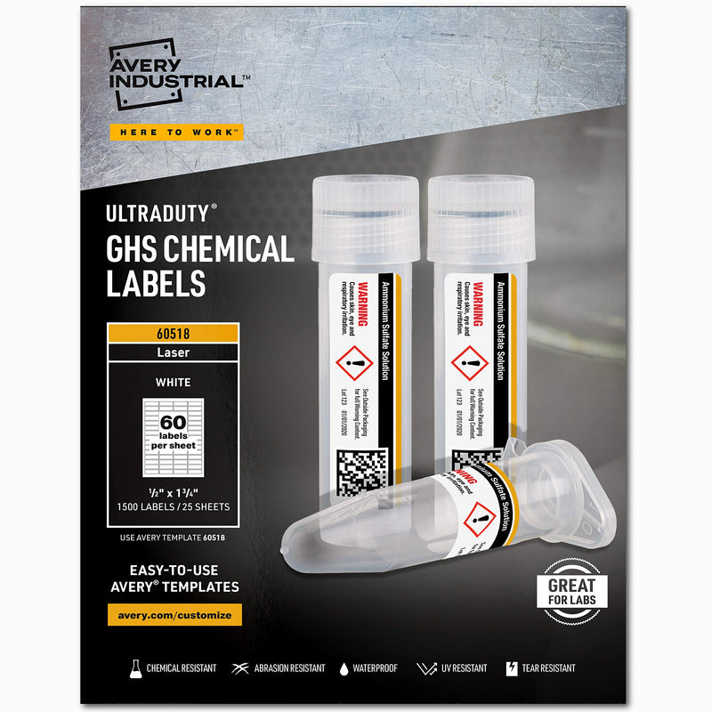 [Australia - AusPower] - Avery UltraDuty GHS Chemical Labels for Laser Printers, Waterproof, UV Resistant, 0.5 x 1.75, Pack of 1,500 (60518) 