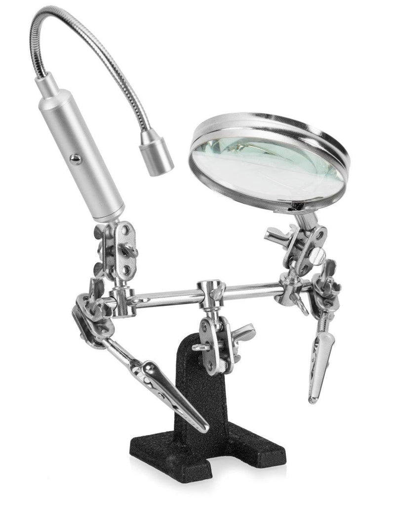 [Australia - AusPower] - Ram-Pro Helping Hand Magnifier Glass Stand with Flexible Neck LED Flashlight & Alligator Clips – 3X Magnifying Lens, Perfect for Soldering, Crafting & Inspecting Micro Objects WITH LED LIGHT 