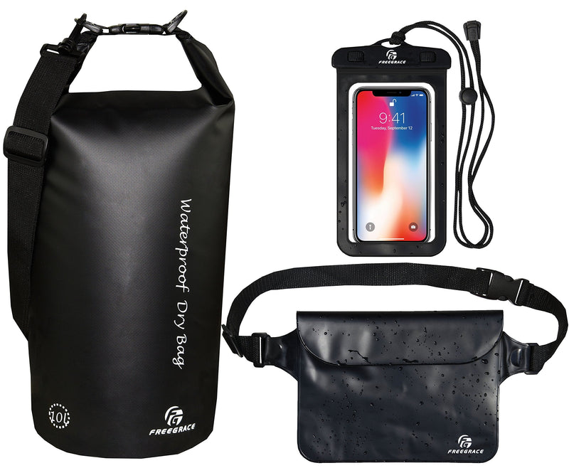 [Australia - AusPower] - Freegrace Waterproof Dry Bags Set of 3 - Dry Bag with 2 Zip Lock Seals & Detachable Shoulder Strap, Waist Pouch & Phone Case - Can Be Submerged Into Water for Swimming, Kayak, Rafting & Boating Black 5L 