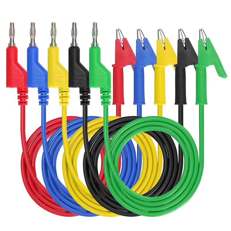 [Australia - AusPower] - Sumnacon Multimeter Banana Plug to Crocodile Alligator Clip Test Probe, 5PCS 4mm Stackable Colorful Silicone Banana Plug to Alligator Clip Test Probe Lead Wire Cable 1M 
