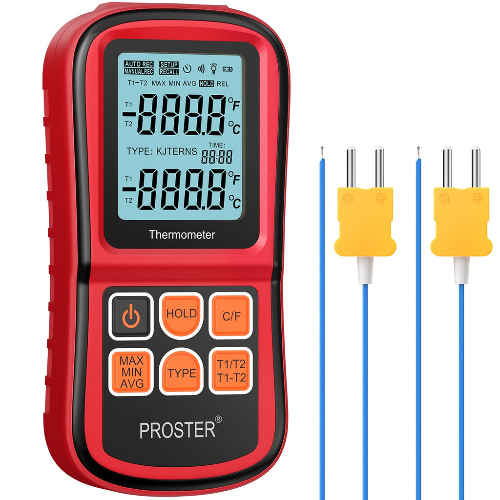 [Australia - AusPower] - Proster Digital Thermocouple Temperature Thermometer with Two K-Type Thermocouple Probe Backlight LCD K Type Thermometer Dual Channel for K/J/T/E/R/S/N Type 