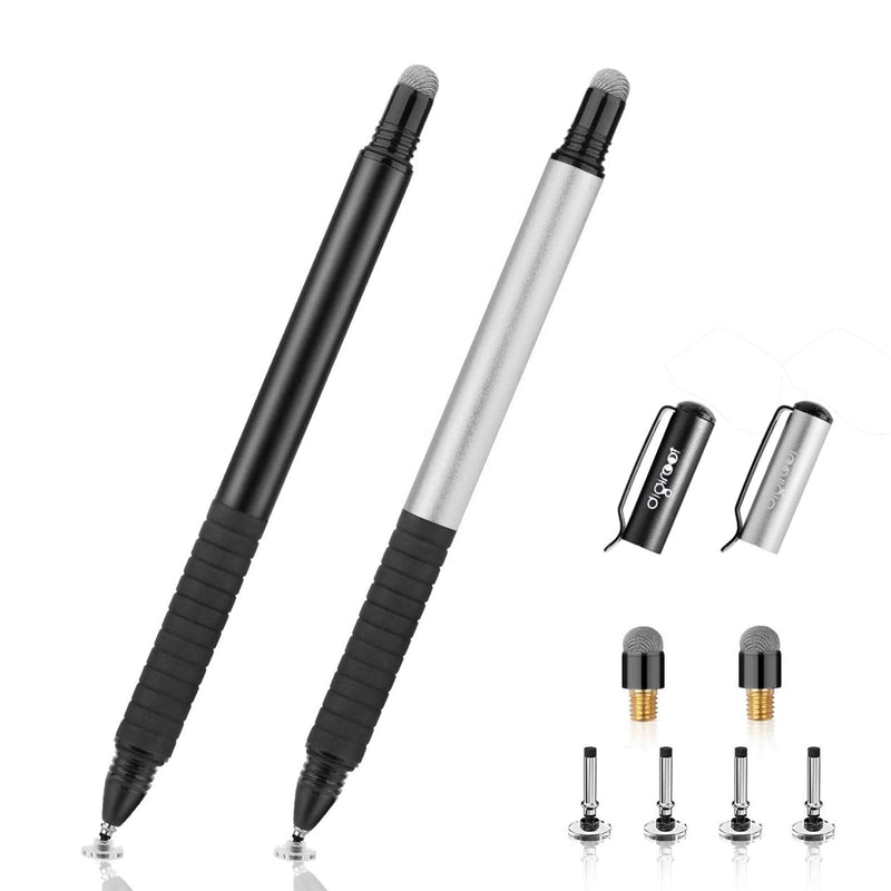 [Australia - AusPower] - Digiroot (2Pcs) 2-in-1 Precision Stylus Disc Tip with Fiber Tip for Notes-Taking, Drawing , Navigation on Touch Screen (4 Discs, 2 Fiber Tips Included)- (Black/Silver) Black/Silver 2 Pcs 