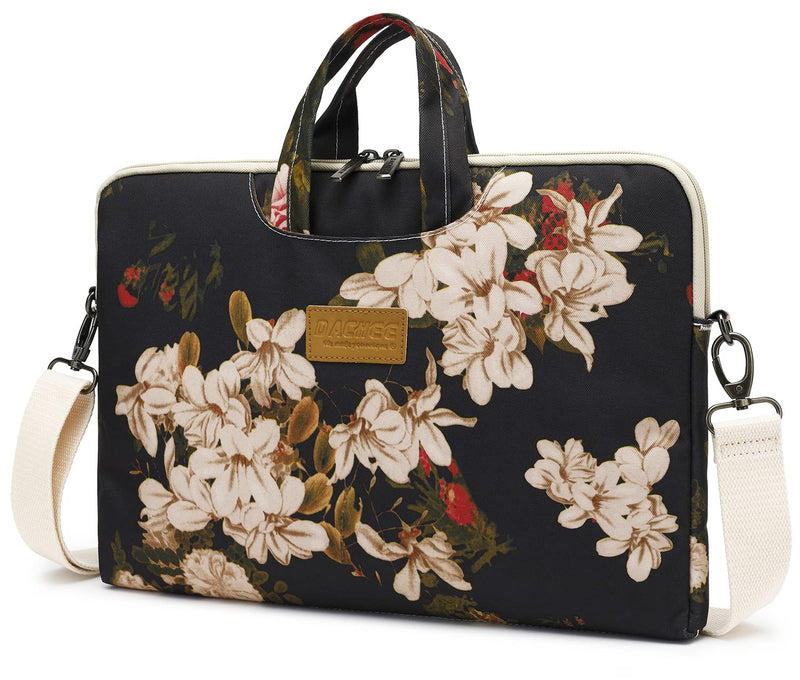 [Australia - AusPower] - Dachee Black Peony Patten Waterproof Laptop Shoulder Messenger Bag Case Sleeve for 14 Inch 15 Inch Laptop Case Laptop Briefcase 15.6 Inch 15 inch/15.6 inch 