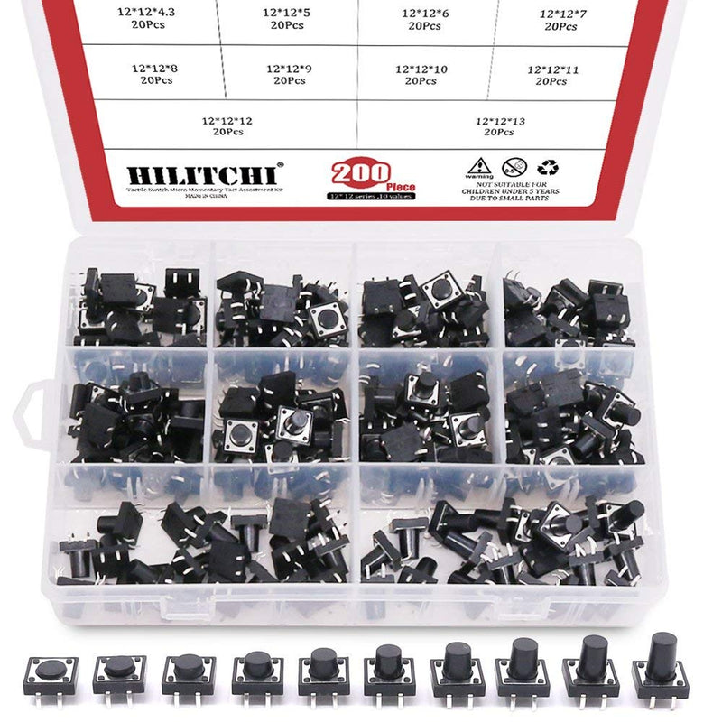 [Australia - AusPower] - Hilitchi 200Pcs 10 Values 4 Pins 12 x 12mm Tactile Push Button Switch Micro Momentary Tact Assortment Kit 