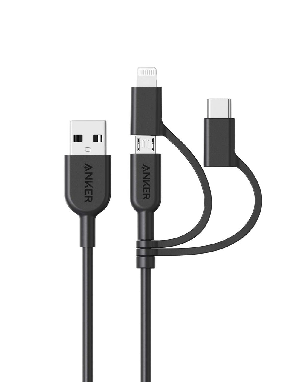 [Australia - AusPower] - Anker Powerline II 3-in-1 Cable, Lightning/Type C/Micro USB Cable for iPhone, iPad, Huawei, HTC, LG, Samsung Galaxy, Sony Xperia, Android Smartphones, iPad Pro 2018 and More(3ft, Black) 