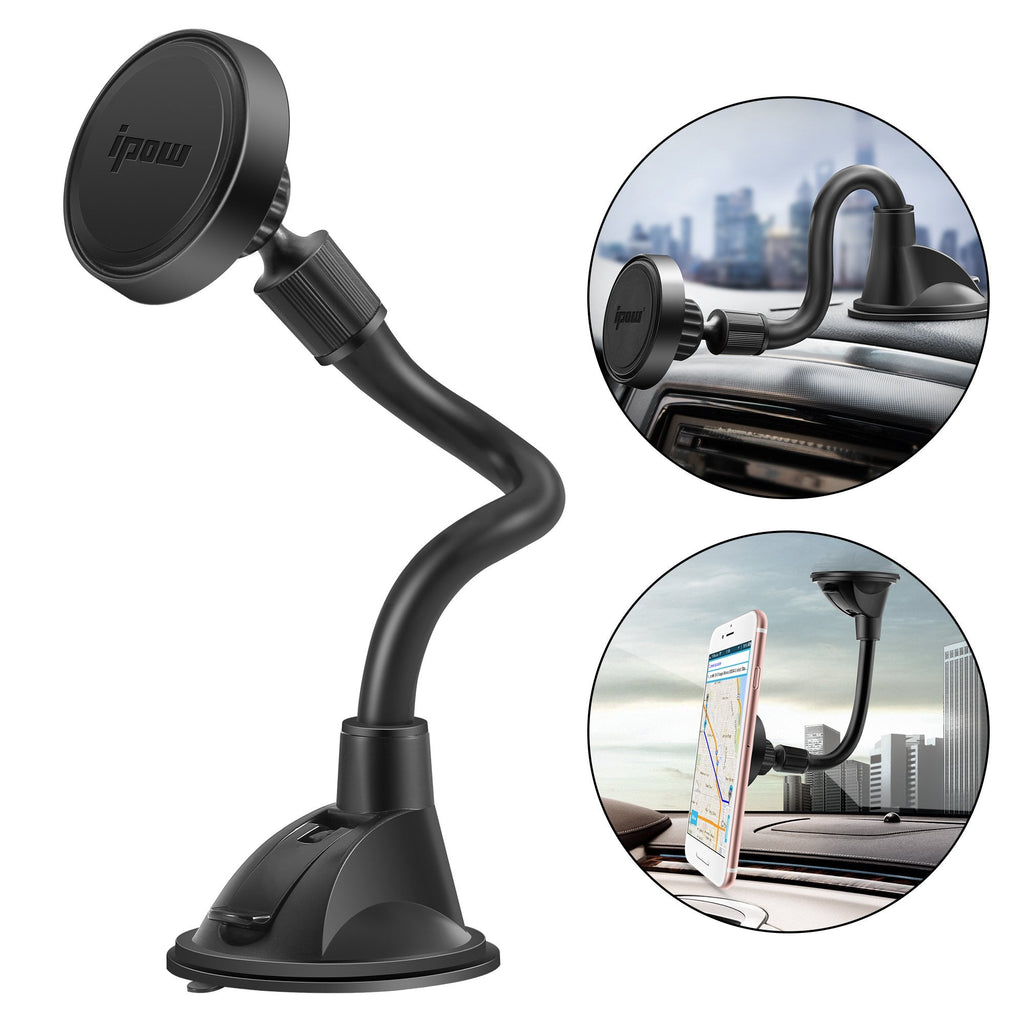 [Australia - AusPower] - IPOW Long Arm Universal Magnetic Cradle Windshield Dashboard Cell Phone Mount Holder with 4 Metal Plates, Soft Firm Goose Arm & Enhanced Suction Cup 