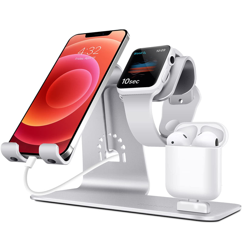 [Australia - AusPower] - Bestand 3 in 1 Stand Holder for iPhone Mobile Phone iWatch Apple Watch and Charging Stand Station for Airpods Only (Patented, Airpods Charging Case Not Included) Silver 