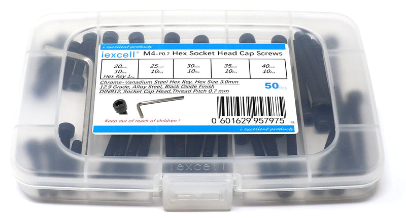 [Australia - AusPower] - iexcell 50 Pcs M4 x 20/25/30/35/40 Alloy Steel 12.9 Grade Hex Socket Head Cap Screws Bolts Assortment Kit, Black Oxide Finish 