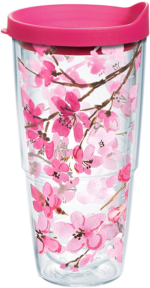[Australia - AusPower] - Tervis Made in USA Double Walled Sakura Japanese Cherry Blossom Insulated Tumbler Cup Keeps Drinks Cold & Hot, 24oz, Classic - Lidded 