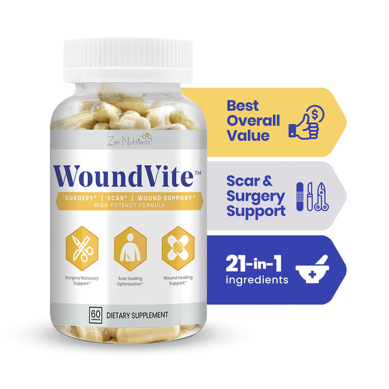 [Australia - AusPower] - Zen Nutrients WoundVite Pre & Post Surgery Support, Scar & Wound Care, Scar Treatment, Plastic & General Surgery, Heal Faster & Aids in Recovery Time w/ Bromelain, Turmeric & Arnica - 60 Vegan Caps 60 Count (Pack of 1) 