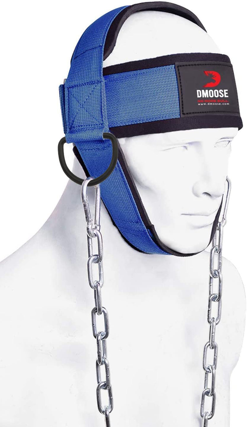 [Australia - AusPower] - DMoose Neck Harness for Weight Training, Neck Exerciser for Neck Workout Equipment Gym, Neck Trainer with Adjustable Long Steel Chain and Strap, Neoprene Support Head Harness, Improve Muscle Strength Blue With Support Strap 