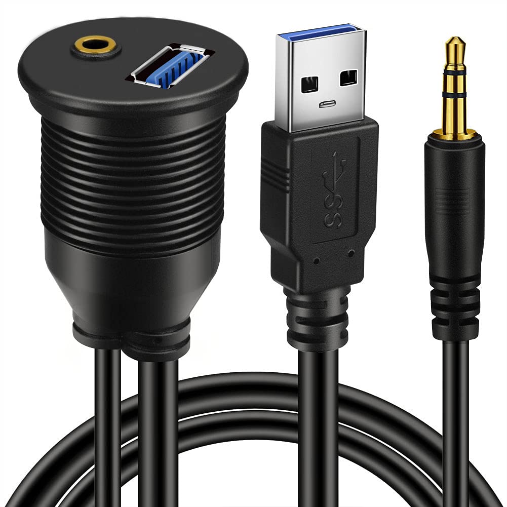[Australia - AusPower] - BATIGE USB 3.0 & 3.5mm Car Mount Flush Cable 3.5mm + USB3.0 AUX Extension Dash Panel Waterproof Mount Cable for Car Boat and Motorcycle - 3ft 