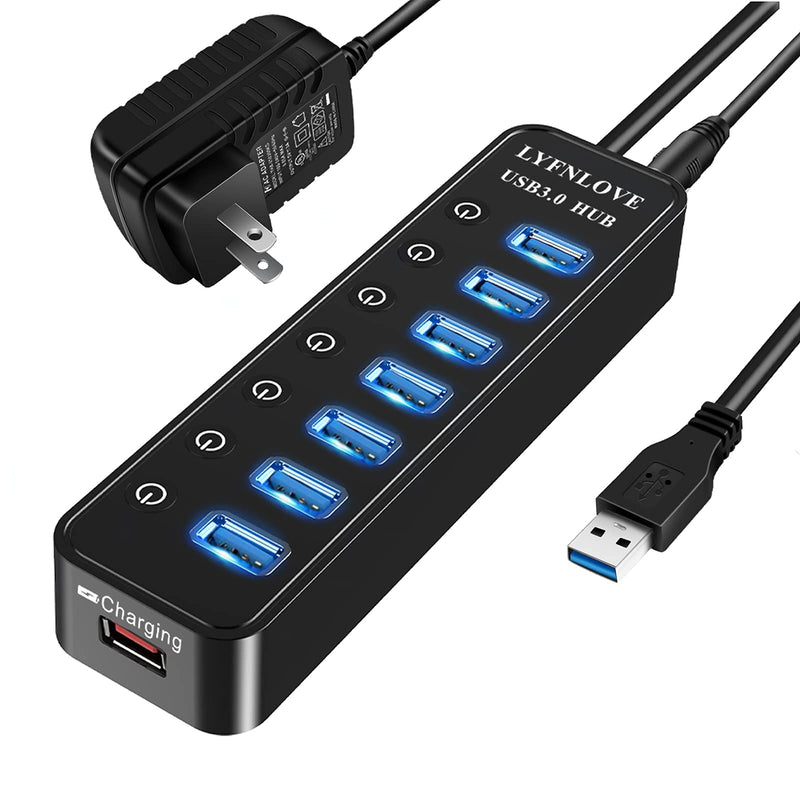 [Australia - AusPower] - USB Hub 3.0 Powered, LYFNLOVE USB Extender 7-Port Data USB Hub with Power Adapter and 1 Smart Charging Port, USB Splitter with On/Off Switches for MacBook, Mac Pro/Mini, iMac, Surface Pro Laptop/PC 