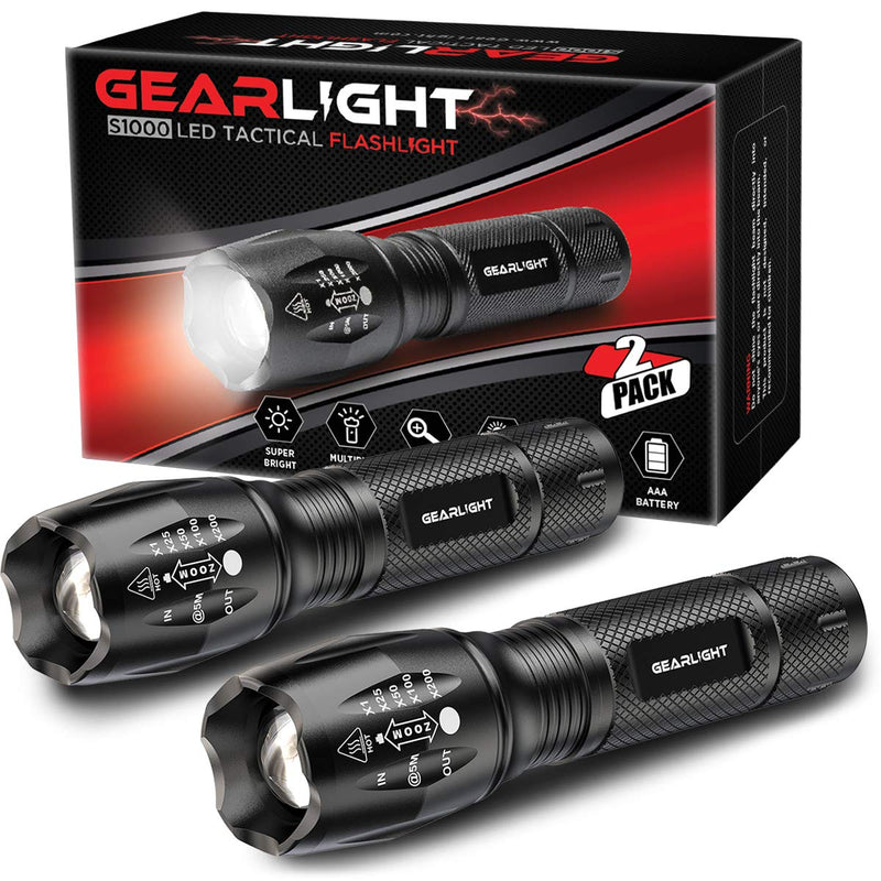 [Australia - AusPower] - GearLight LED Flashlight Pack -2 Bright, Zoomable Tactical Flashlights with High Lumens and 5 Modes for Emergency and Outdoor Use -Camping Accessories -S1000 