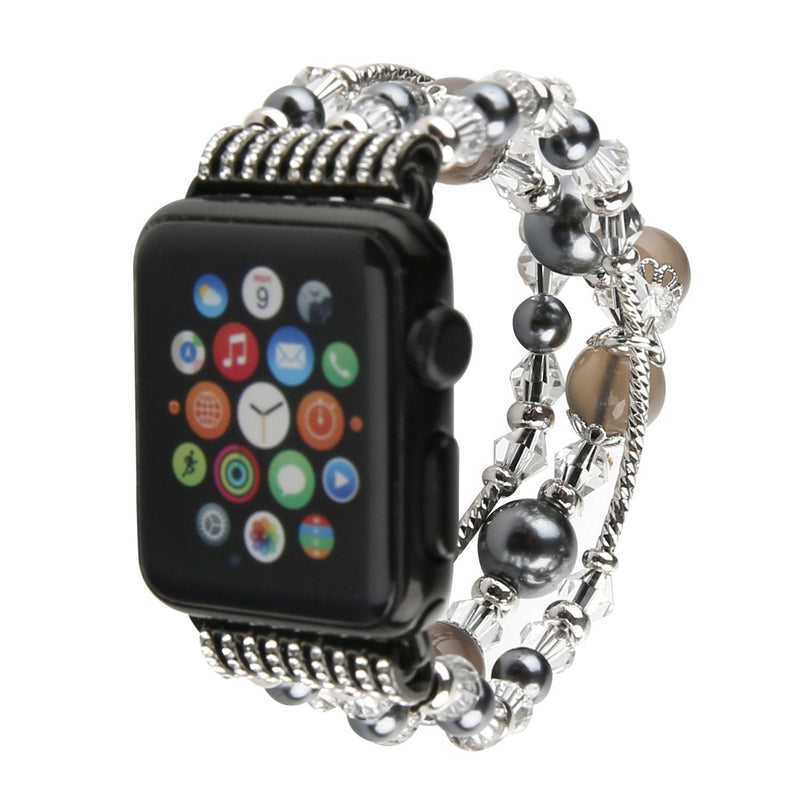 [Australia - AusPower] - GEMEK Compatible With Black Apple Watch Band 38/40/41mm Women Agate Pearl Bracelet Strap, Fashion Handmade Elastic Replacement for iWatch Bands Series 7/6/5/4/3/2/1 Girls Wristband (Gray) Gray 38mm/40mm/41mm 