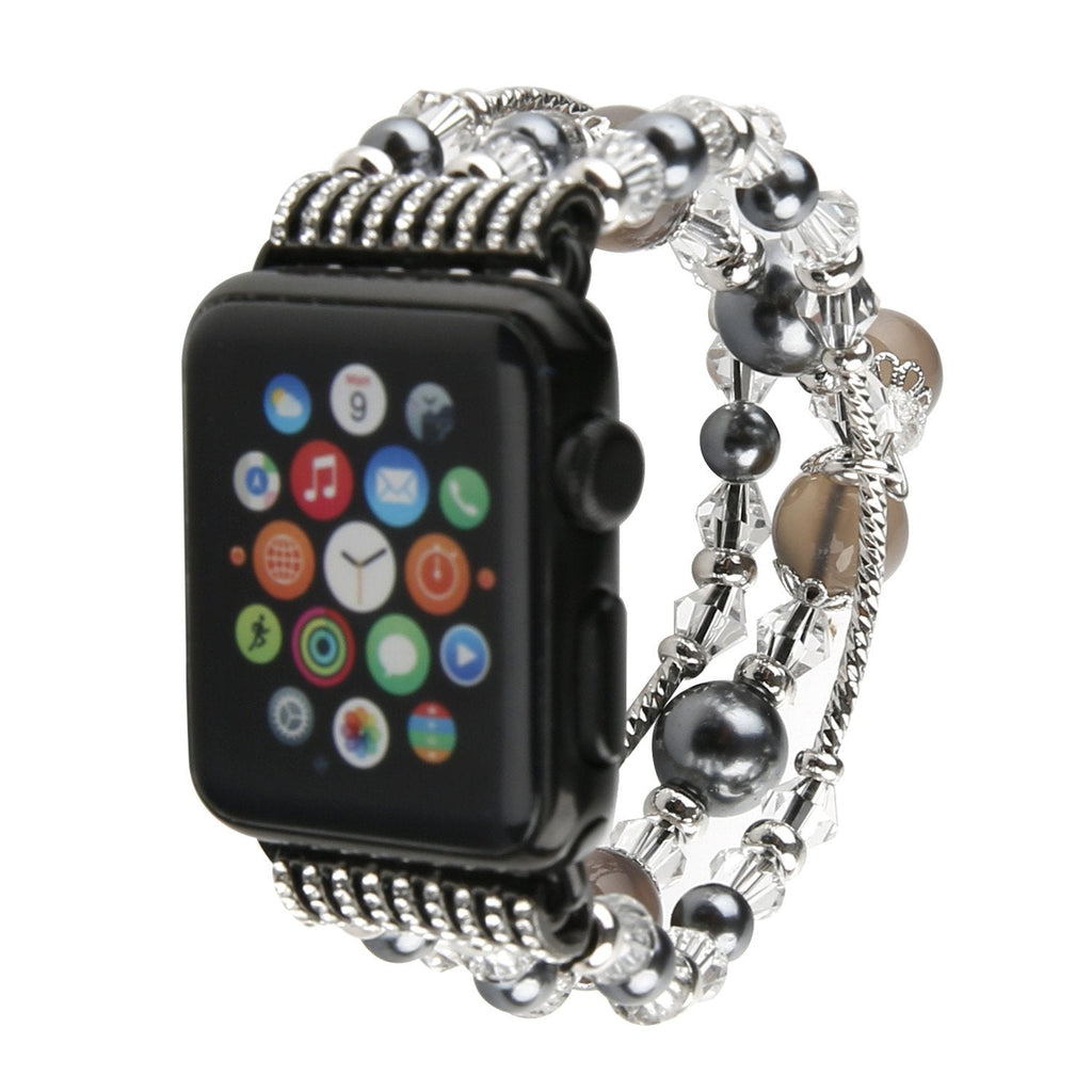 [Australia - AusPower] - GEMEK Compatible With Black Apple Watch Band 42/44/45mm Women Agate Pearl Bracelet Strap, Fashion Handmade Elastic Replacement for iWatch Bands Series 7/6/5/4/3/2/1 Girls Wristband (Gray) Gray 42mm/44mm/45mm 