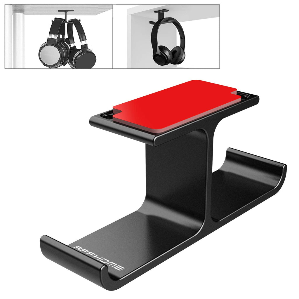 [Australia - AusPower] - APPHOME Headphone Hanger Stand Under Desk Hook Aluminum Stick-On Adhesive Dual Headsets Holder Mount PC Gaming Accessories for All Headphones (Black-One Pack) Black-One Pack 