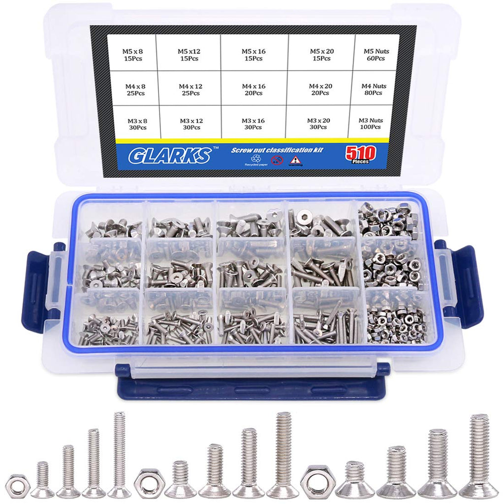 [Australia - AusPower] - Glarks 510Pcs Metric M3 M4 M5 304 Stainless Steel Flat Head Countersunk Socket Cap Bolts Screws Nuts Assortment Kit, Allen Hex Drive Flat Head Socket Cap Screws Set 