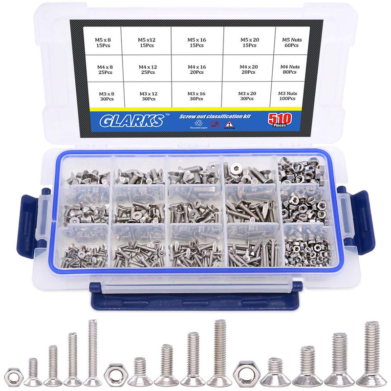 [Australia - AusPower] - Glarks 510Pcs Metric M3 M4 M5 304 Stainless Steel Flat Head Countersunk Socket Cap Bolts Screws Nuts Assortment Kit, Allen Hex Drive Flat Head Socket Cap Screws Set 