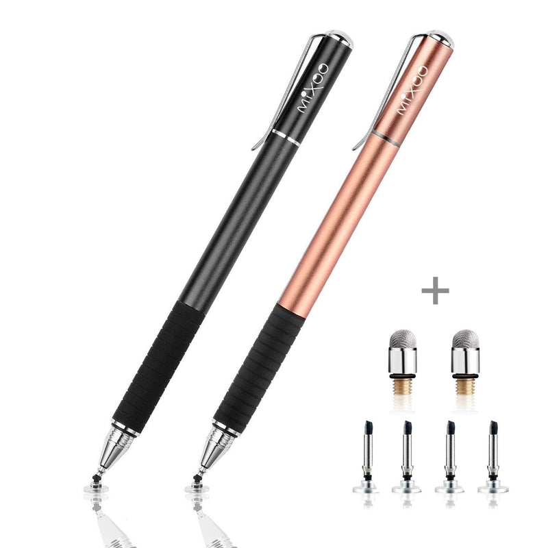 [Australia - AusPower] - Mixoo 2-in-1 Precision Disc & Fiber Stylus with Replaceable Tips for Capacitive Touch Screen Devices (Black/Rose Gold) Black/Rose Gold 