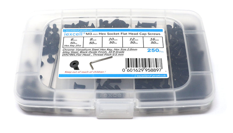 [Australia - AusPower] - iexcell 250 Pcs M3 x 6/8/10/12/16 Alloy Steel 10.9 Grade Hex Socket Flat Head Cap Screws Bolts Assortment Kit, Black Oxide Finish 
